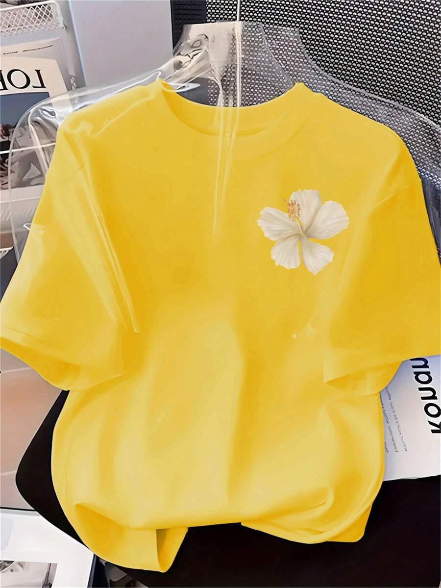 % Cotton Printed-Shirt, Street Style Loose Fit, Basic Versatile Piece, Casual Everyday Top, Couple's Matching Style [Directional] Women's Fashion Printed-Shirt, Soft, Versatile | White Floral Pattern - 黃色 - 查看 1