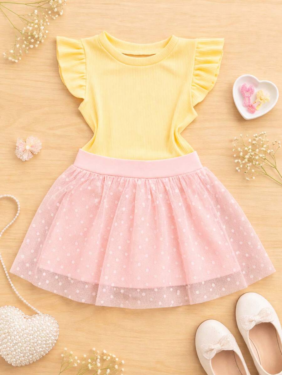 Girls' Outfit Set: Tulle Shorts Skirt With Ruffle And Cropped Top With Ruffled Frills, Pleated, Spring And Summer CJI043 - Baby Pink and Yellow - View 1