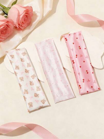3pcs Cute Cartoon Bear, Bow, Cherry Elastic Headbands, Versatile Sweatband For Daily Wear And Sports