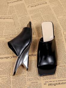 Women's Black Square Toe High Heel Slip-On Sandals, Casual Versatile Backless Mules - Black - View 5