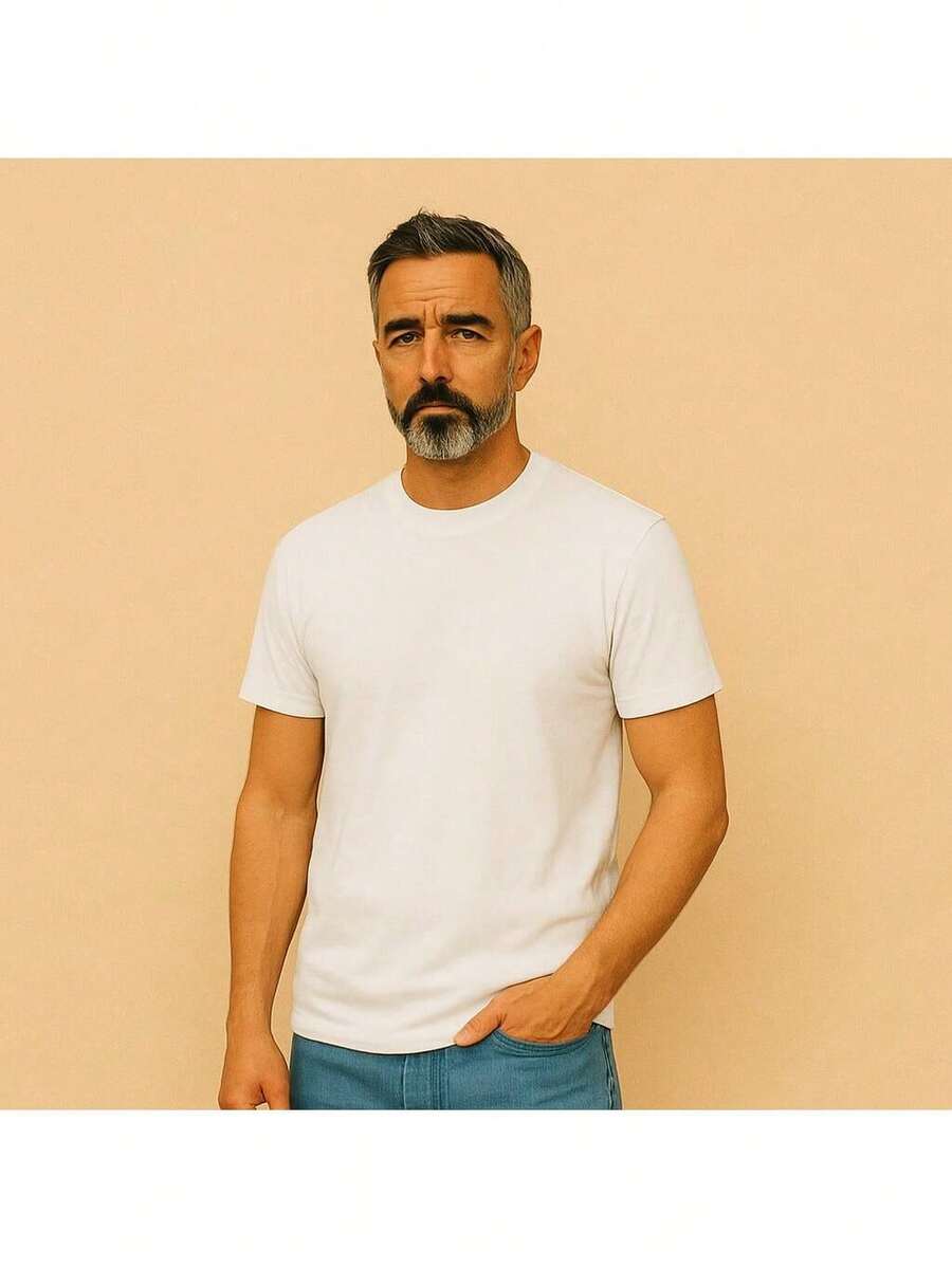 Camiseta Masculina Com ajuste perfeito para Homens na Melhor Idade em Algodão Bem Leve para Primavera e Verão - Branco Gelo - Visão 1