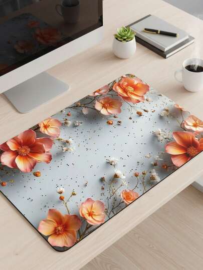 Large Size Mouse Pad, Waterproof Non-Slip Smooth Cloth Surface, Light Gray With Gold-Plated Orange Floral Border Pattern, Suitable As Keyboard Pad, Desk Mat Or Book Stand For Gamers, Office And Dorm, Compatible With Mouse And Trackball, Gift For Gamers