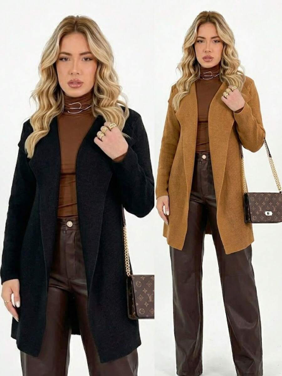 Max Cardigan Knit Overcoat Women's Winter Fashion Long Plain Warm - 黑色 - 查看 1