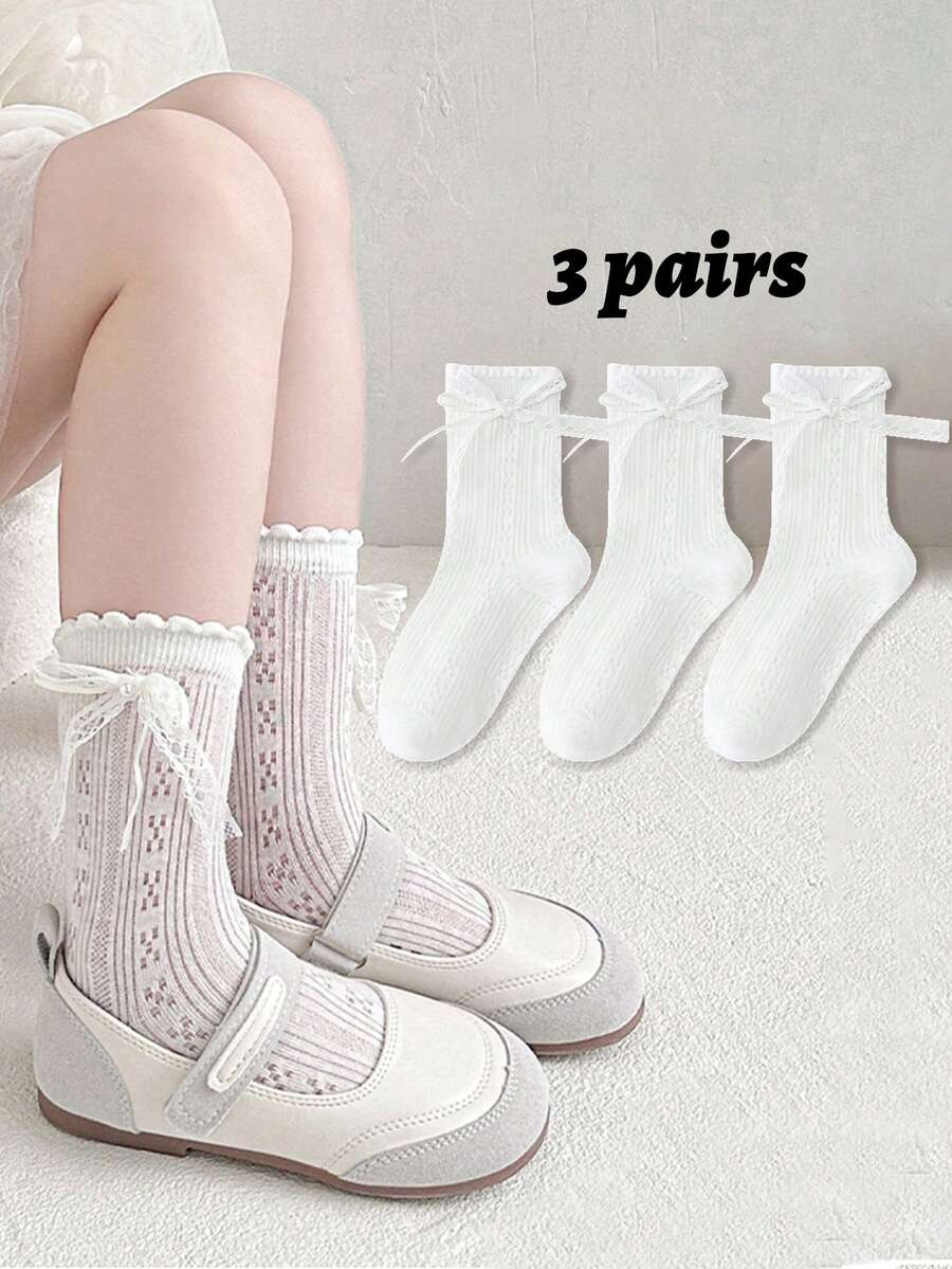 3 Pairs Breathable White Lace Bow Girls Socks, Elegant Princess Style, Spring/Summer - Multicolor - View 1