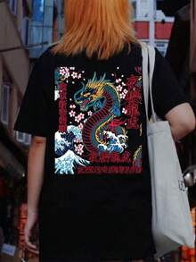 日系浮世绘风格女式T恤，常规版型，东方美学图案，舒适樱花波浪短袖上衣，独特圆领复古街头风动漫风酷女孩休闲黑色 - 黑色 - 查看 1