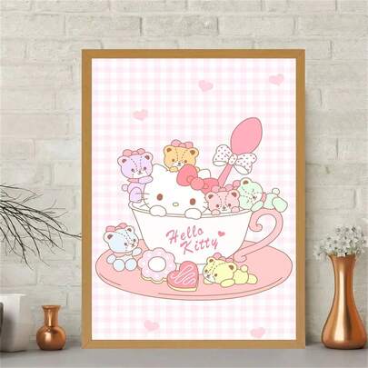 SANRIO Bộ 2 tranh treo tường hình tách trà và gấu bông, họa tiết kẻ caro hồng dễ thương, thích hợp trang trí phòng ngủ, ký túc xá.