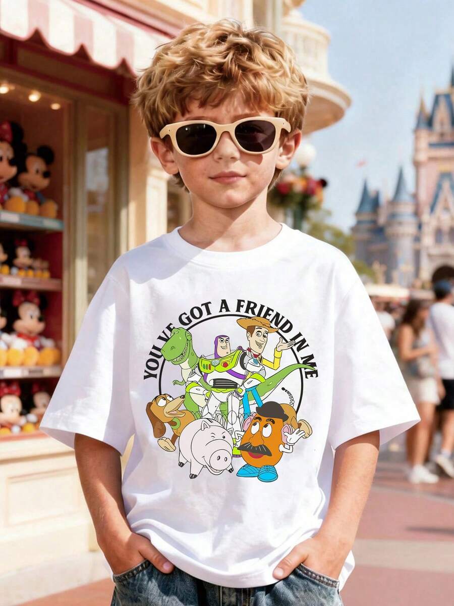 Disney Toy Story Family Print Kids T-Shirt, White Loose Crew Neck Top, Woody, Buzz Lightyear & Friends, With "You've Got A Friend In Me" Slogan, Full Of Warm Vibe, Breathable Skin-Friendly, All-Match For Summer Park & Street, Unisex - 白色 - 查看 1