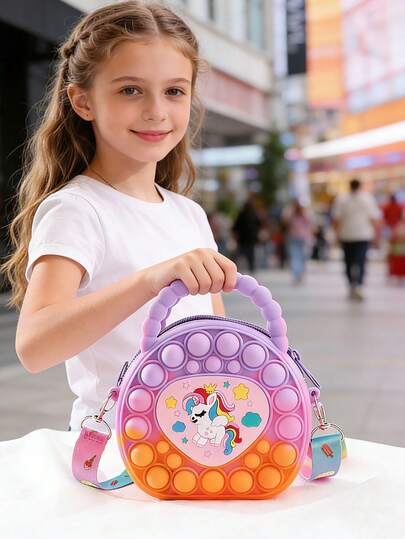 1 pieza Bolso cruzado de silicona con diseño de dibujos animados coloridos y ajustable para adolescentes, cierre con cremallera, billetera con forma de unicornio, material de silicona
