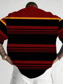 Plus Size Men's Red And Black Contrast Stripe Short Sleeve T-Shirt | Retro American Football Style Contrast Stripe Design + R Letter Badge Patch, Street Hip Hop Loose Breathable Sports Top - Red - View 2