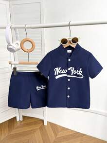 Áo khoác bóng chày kiểu Mỹ mùa hè cho bé trai + quần short thường ngày, trang phục thường ngày mùa hè cho bé trai, phong cách thời trang mùa hè. - Xanh đậm - Xem 1