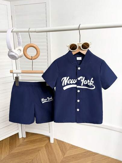 2pcs/Set Boys' Casual Single-Breasted Letter Print Short Sleeve Top And Matching Shorts, Fashionable Summer Outfit For Daily, Outdoor, School, Commute, Street Style
