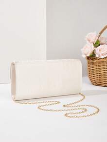 褶皱缎面折叠晚宴手拿包，奶油色正式手提包，饰以金色水钻花卉——适合婚礼、舞会和派对造型 - 杏色 - 查看 6