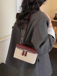 Women's Sophisticated Color-Blocked Canvas Small Square Bag, Retro Style, Perfect For Everyday Shopping Or Commuting, Simple Shoulder Bag. - Burgundy - View 3