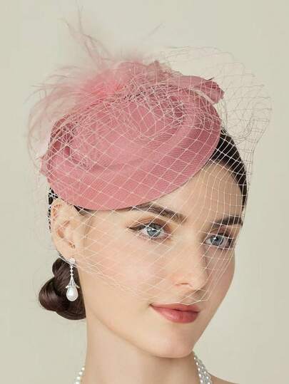 1pc Handmade Veil Headpiece Hat Hair Clip, 1920s Kentucky Derby Style, Mini Round Hat Shape, Artificial Feather Decor, Suitable For Cocktail Party, Wedding, Bridal Shower, Halloween And Other Occasions, Hair Accessory