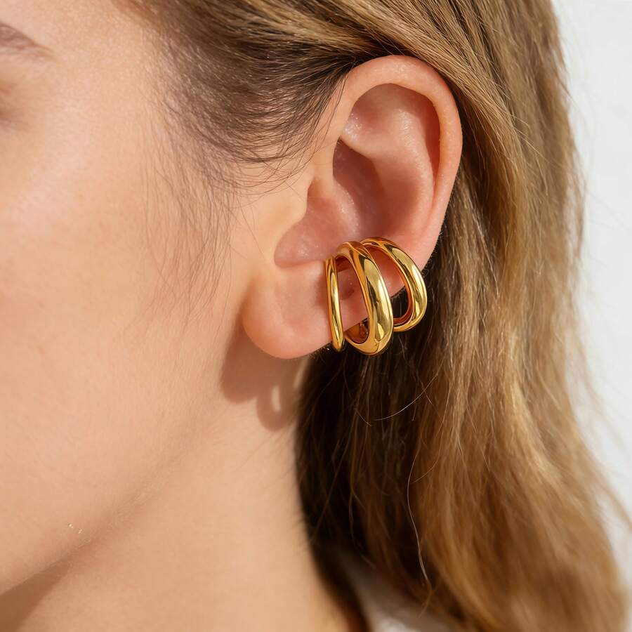 1pc Geometric Minimalist Ear Clip, 18K Gold Plated Stainless Steel Ear Clip For Women, High-End Fashion Elegant Earrings, 304 Stainless Steel Ear Clip Minimalist High-End Style Personalized Jewelry, Holiday Gift/Daily Matching Multi-Use Design, Suitable For Daily Gatherings And Parties, Gift For Girlfriend And Wife - Multicolor - View 1