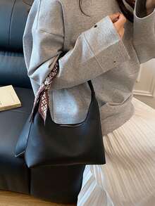 Minimalist Shoulder Underarm Bag For Women With Silk Scarf Gift - Black - View 6