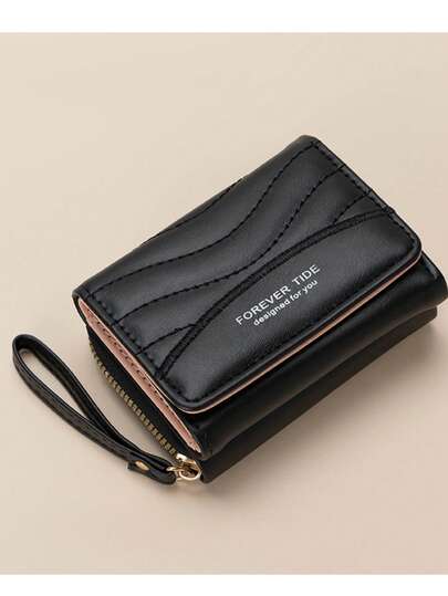 Cartera corta de mujer | Cartera de piel de PU acolchada con correa de muñeca y ranura para tarjetas