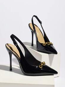 女士尖头细高跟凉鞋，配有踝带，适合通勤、日常穿着和派对场合。 - 黑色 - 查看 6