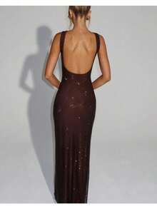 Sexy Double Strap Sequin Mesh Diamond Suspender Dress Women 2026 Autumn And Winter New Temperament Waist Pullover Hip Wrap Skirt - 咖啡色 - 查看 4