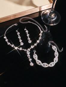 Elegant Crystal & Rhinestone Jewelry Set - Earrings, Necklace, Bracelet, And Ring, Suitable For Women's Daily Wear, Weddings, Parties, And Other Occasions - Multicolor - View 6