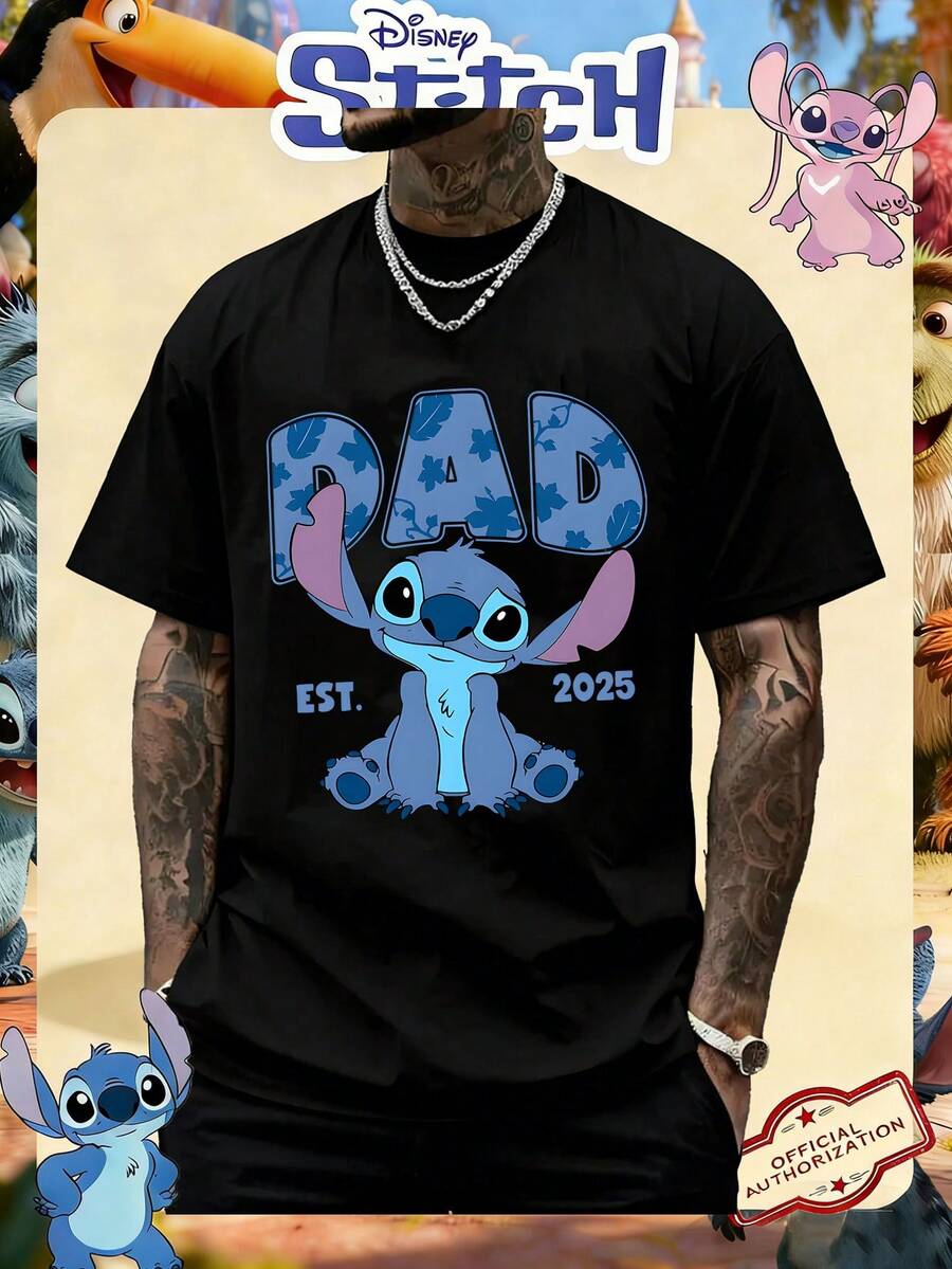 Disney Official Licensed Lilo & Stitch Stitch "DAD EST. 2025" Washed 220g T-Shirt Unisex - màu đen - Xem 1