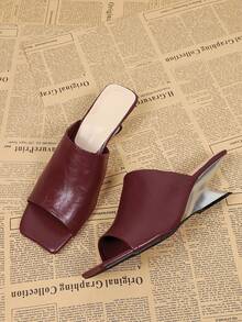 Wine Red Open Toe Slip-On High Heel Sandals For Women, Casual Versatile Backless Mules - Burgundy - View 4