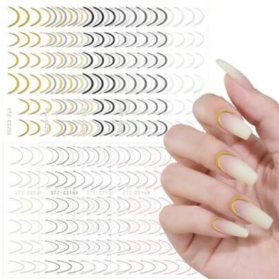 8 Sheets French Tip Line Nail Art Stickers 3D Simple Gold Silver Line Adhesive Decals Curved Gel Y2K French Curve Manicure Sticker For Nail-Art Decorations
