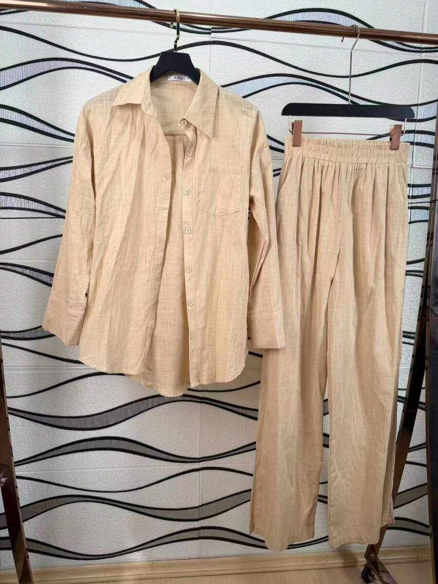 Linen Shirt And Pants Set (2 Pieces), Lined With Elastic. - Apricot - View 1