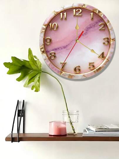 A Wooden Marble Pattern Golden Crystal Wall Clock, Silent Round Wooden Wall Clock, Suitable For Bedroom, Living Room, Office, Kitchen Decoration-(AA Batteries Not Included)