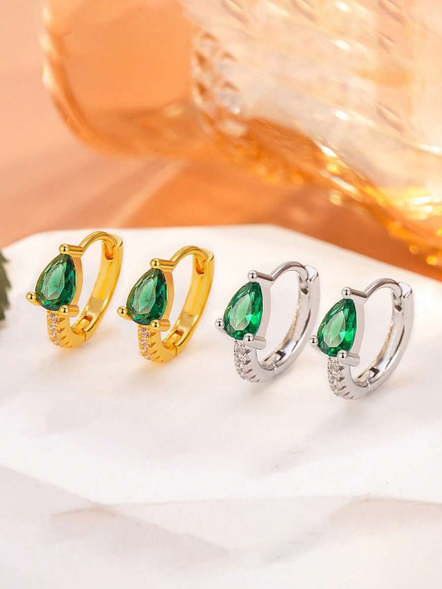 S925纯银微镶锆石双圈耳环，梨形水滴形奢华耳环，低过敏性，适合耳洞佩戴 - 彩色 - 查看 1