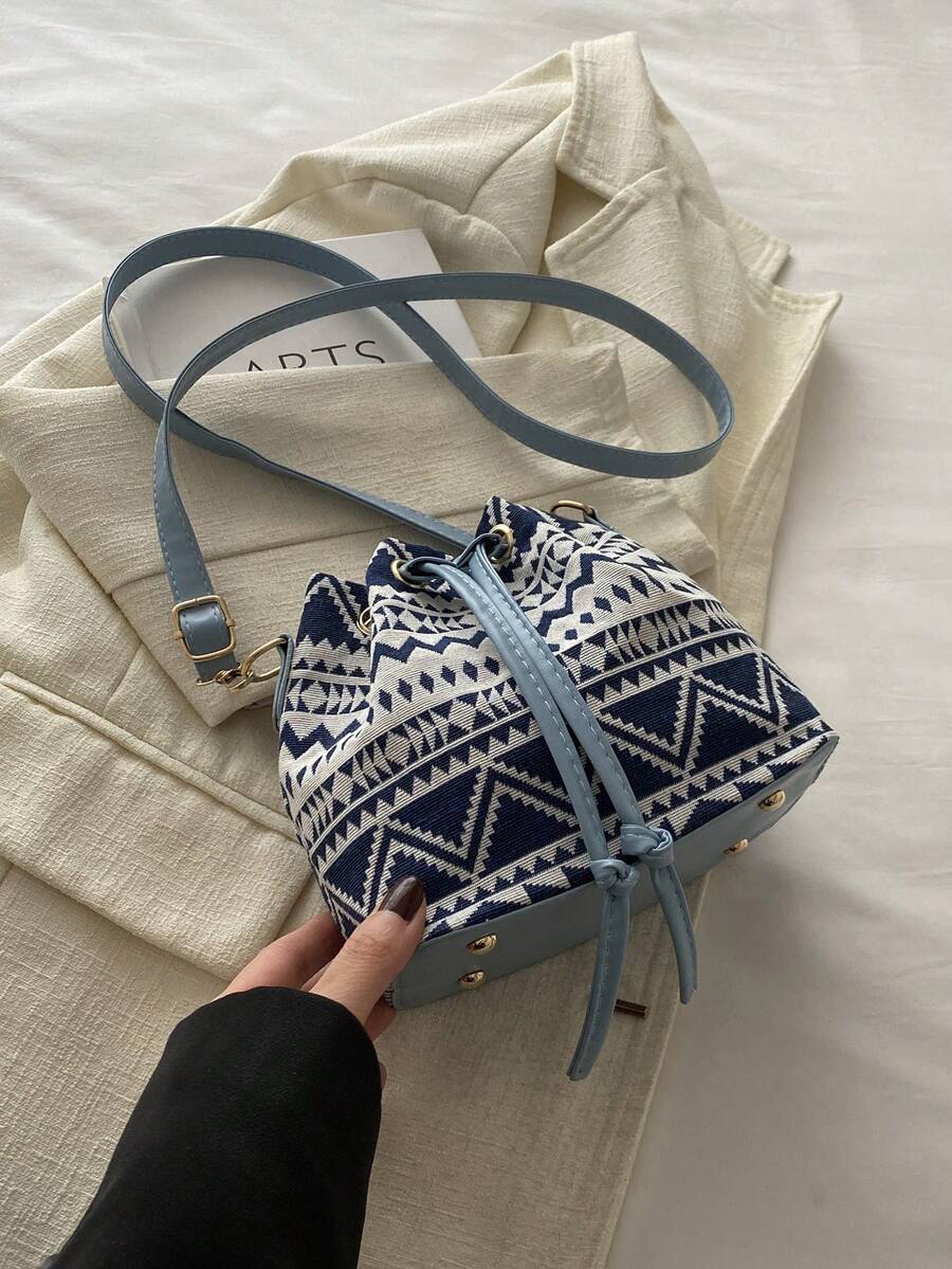 女士小号单肩包 波西米亚印花抽绳水桶包 斜挎包 长肩带 - 藍色 - 查看 1