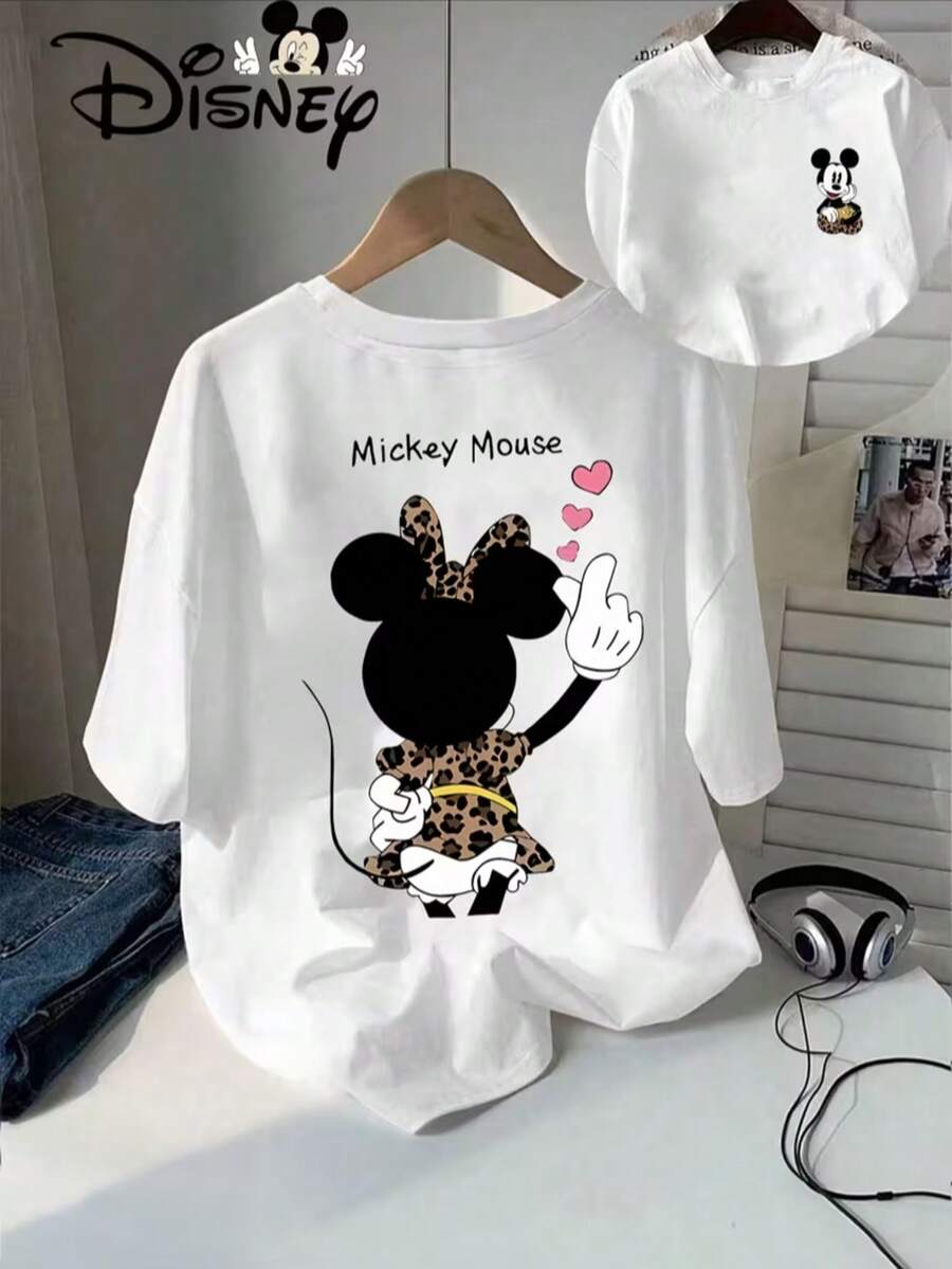 Authentic Disney Mickey Mouse Leopard Print Short-Sleeved T-Shirt, New Summer Style, Women's Casual Fashion Printed T-Shirt. - trắng - Xem 1