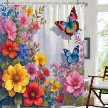 [Colorful Shower Curtain] Vibrant Colorful 1pc Butterfly And Flower Shower Curtain | Metallic Silver Background - 1 cái-Rèm tắm - Xem 6