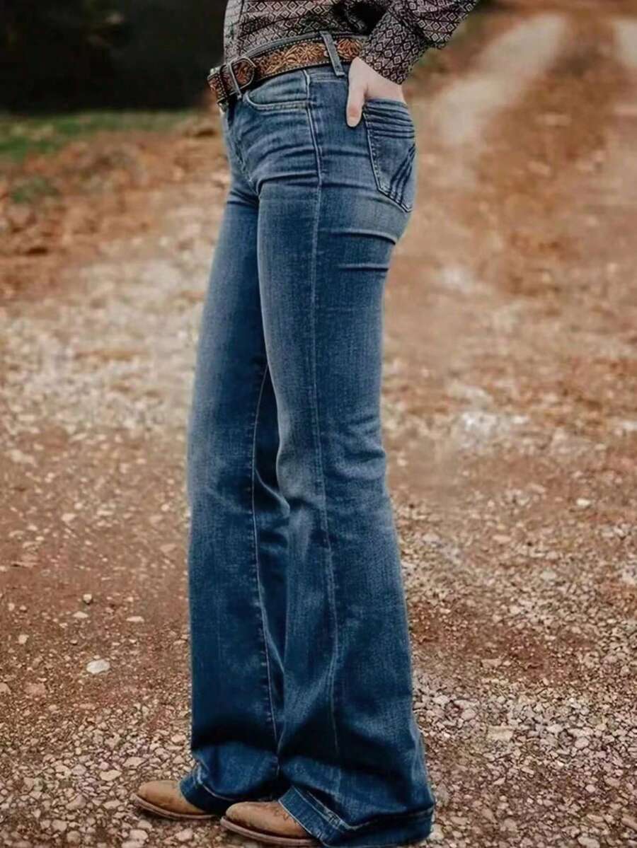 Jeans acampanados de estiramiento con diseño bordado personalizado en el bolsillo trasero para mujer, de uso casual en primavera - Bordado azul denim - Ver 1