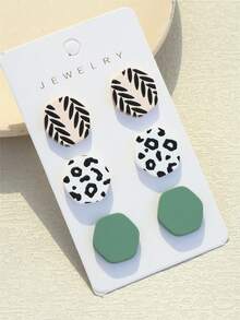 3 Pairs Geometric Hexagon, Leopard Print, Leaf Pattern Acrylic Earrings, Personalized Design, Elegant Quality For Women - Multicolor - View 10