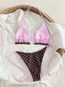 Summer Leopard Print Spaghetti Strap Tie-Up Bikini Set, Suitable For Beach Vacation - Coffee Powder - View 3