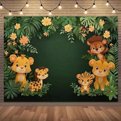 1 Piece Of Jungle Adventure Theme Background Cloth, Including Lion Cubs And Leopard Prints-Realistic Jungle Habitat And Green Plants-Suitable For Party Decoration, Easter And Spring Activities, Baby Animals, Photography Backs, Various Styles And Scenes Can Be Selected.