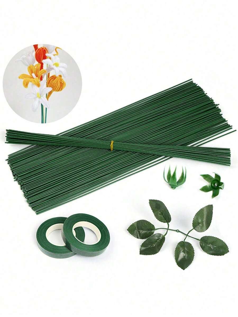 200/100/50/30/10支装绿色涂层花茎，DIY工艺和插花铁丝，人造花材花茎，绿色铁丝，适用于DIY手工花卉、玫瑰、毛线编织花束，扎线制作材料，防水铁丝，适用于节日装饰和工艺项目，植物攀爬支撑架，可调节花园棚架，可塑形植物支架，多用途人造花茎，超级结实且可卷成各种形状，DIY花束装饰配件，园艺工具（颜色随机） - 綠色 - 查看 1