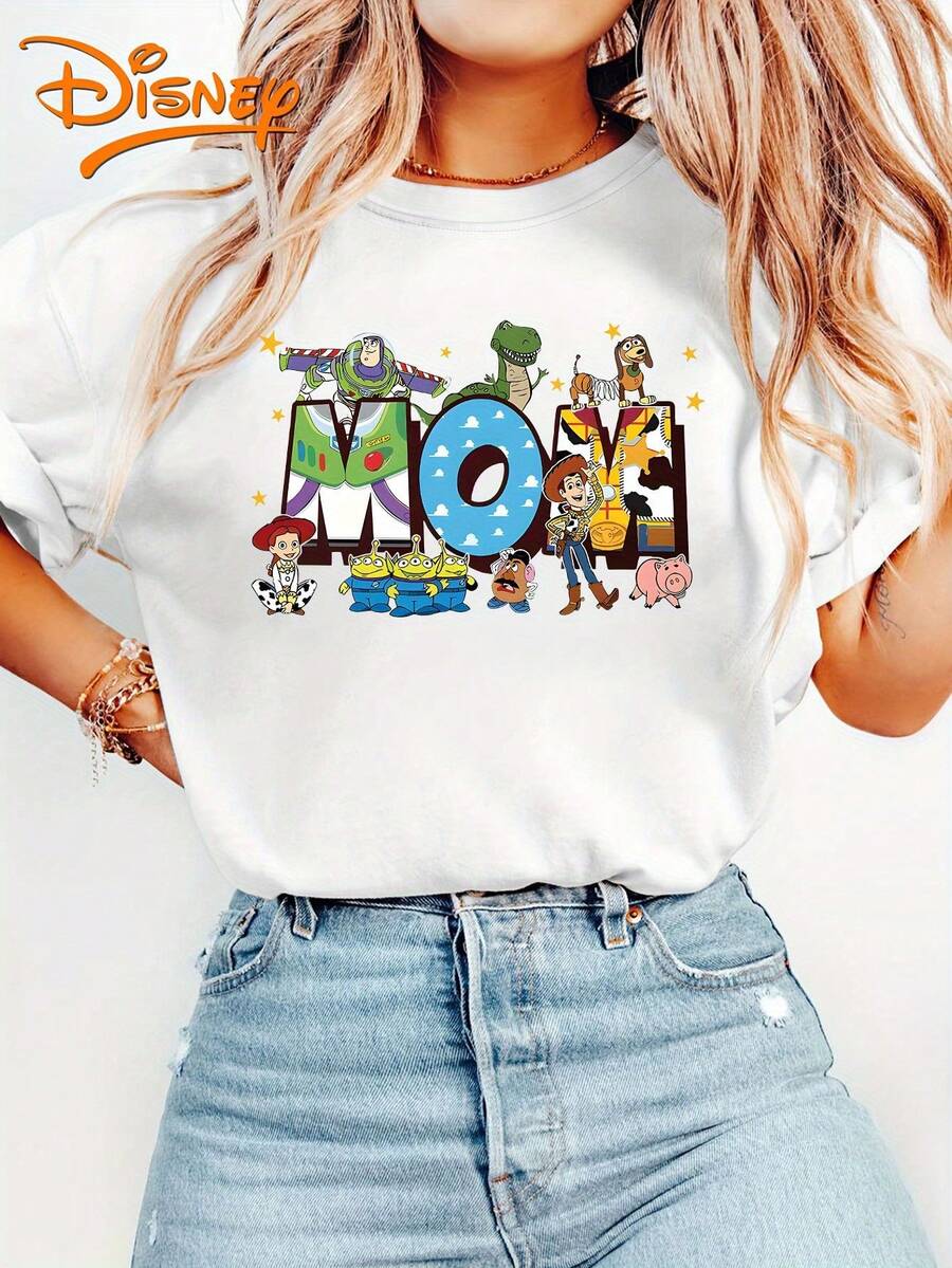 Disney Toy Story MAMA Print Women's T-Shirt, Summer Comfortable Casual Short Sleeve Top, Family-Friendly Tee, Casual Wear, Vintage Design, Breathable Fabric - 白色 - 查看 1