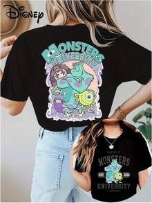 Disney Authentic Cute Monster Print, Soft And Skin Friendly Elastic Casual Short Sleeved Top, Fashionable Short Sleeved Round Neck T-Shirt, Women's Clothing - 黑色 - 查看 6