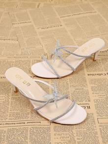 Fashionable Crystal Bow Slip-On High Heel Sandals For Women, Elegant Peep Toe Stiletto Summer Dress Shoes - Beige - View 2