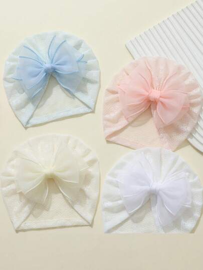 4pcs/Set Colorful Infant Beanie Hats With Elastic Lace Bow Design, Breathable For All Seasons, Suitable For Holidays, Parties, Celebrations, Cute Fashion Item, Perfect For Baby Photos