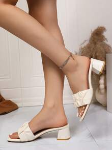 Pleated Square Toe Chunky Heel Mule Slides, Minimalist Commuter Style For Casual, School, Outing With Friends, White High Heel Sandals, Black High Heel Sandals - Beige - View 6