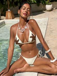 Bộ bikini hai mảnh cổ yếm đính sequin thêu hình sao biển, thích hợp cho kỳ nghỉ hè ở bãi biển dành cho nữ. - Màu be - Xem 5