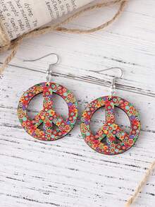 Fashion Flower Peace Pendant Necklace+Earring Set Double Sided Wooden Pendant Hippie Jewelry Women's Clothing Accessories - Multicolor - View 4