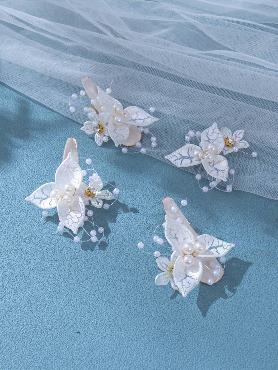 4pcs Elegant Flower Hair Clips Set, Bridal Wedding Headpiece, Party Occasion Hair Accessories - White - View 1