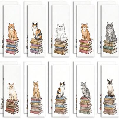 20 Pcs Watercolor Cat Bookmarks, Whimsical Book Stack Themed Book Markers, Aesthetic Reading Accessories For Book Lovers And Cat Enthusiasts