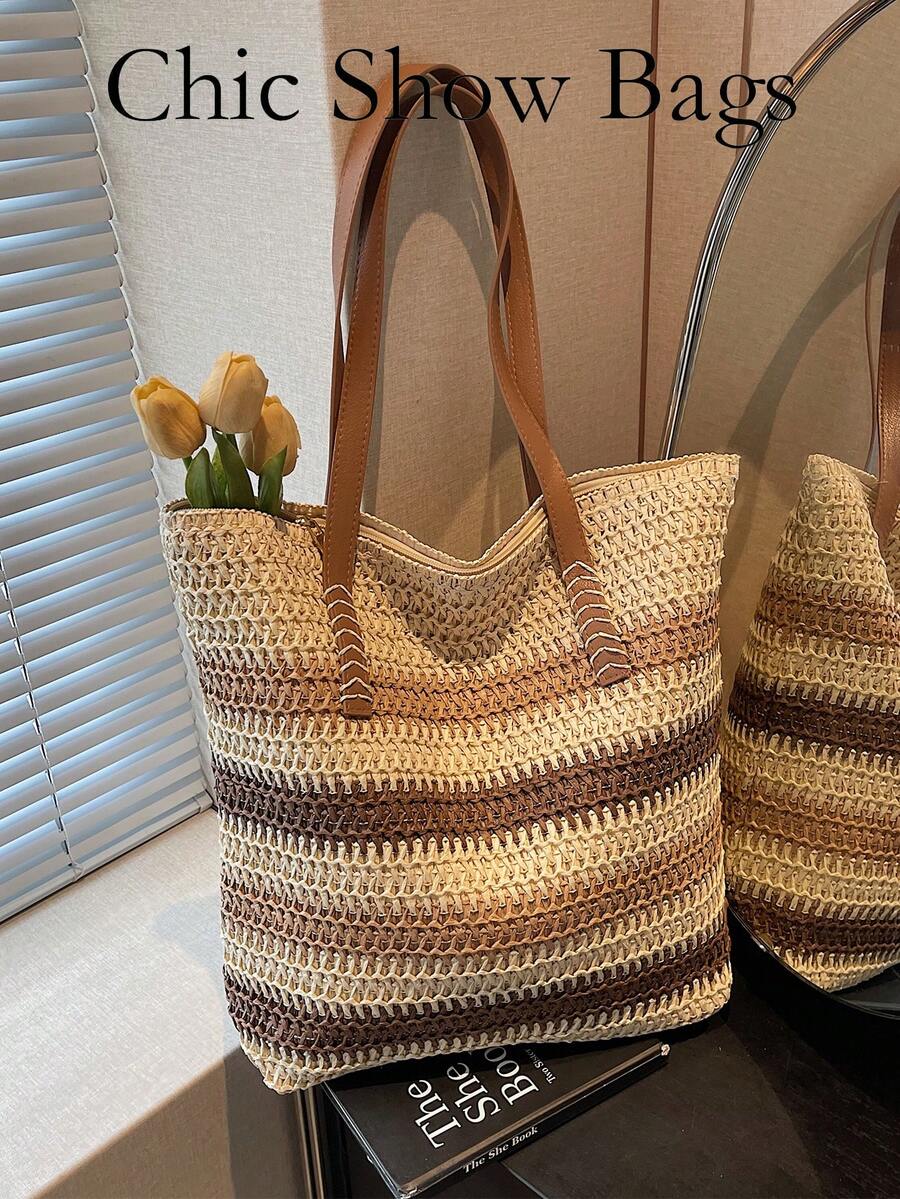Women's Fashionable Retro Striped Straw Bag, Large Capacity Shoulder Tote Bag, Woven Bag For Summer Beach Vacations.