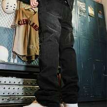 Quần jeans ống đứng dáng rộng thoải mái dành cho thanh thiếu niên, chất liệu denim đã qua xử lý, với họa tiết thêu nổi. - màu đen - Xem 5