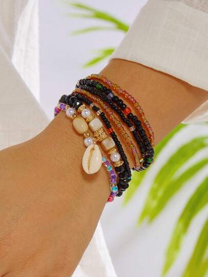 Set de 7 piezas de pulseras versátiles con estilo bohemio, cuentas de colores, conchas, piedras ovaladas, resina geométrica, joyería de alta calidad adecuada para hombres y mujeres, para fiestas, playa, uso diario, un exquisito regalo para fiestas y cumpleaños